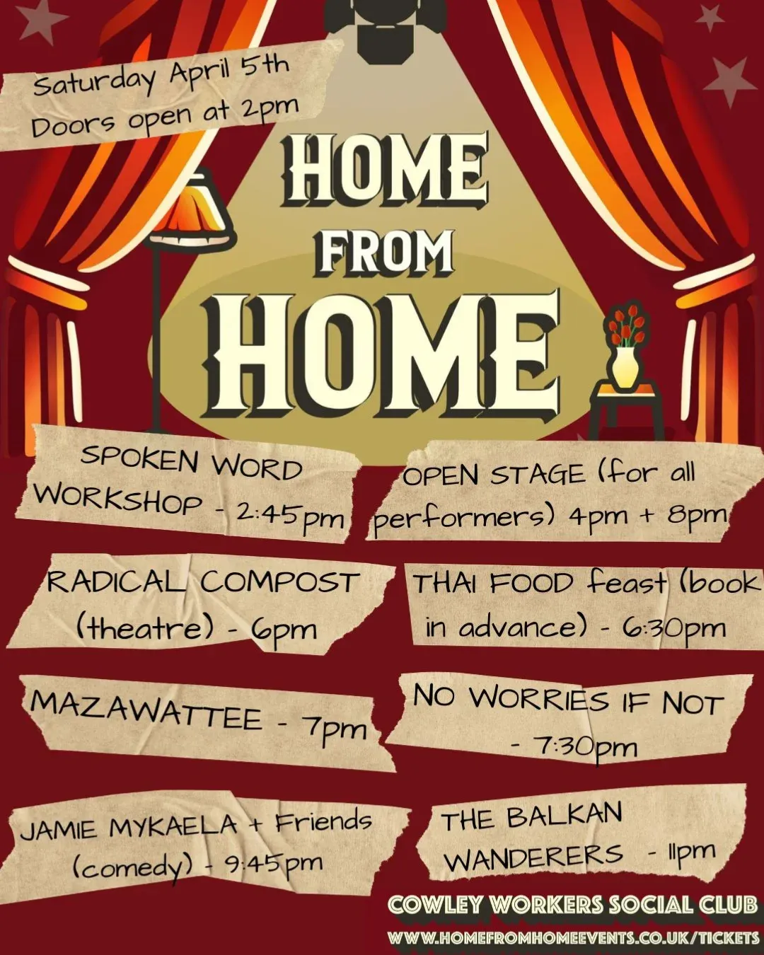 A deep red poster framed by theatre curtains and a spotlit lamp, with the running order written out on strips of torn brown parcel tape.
