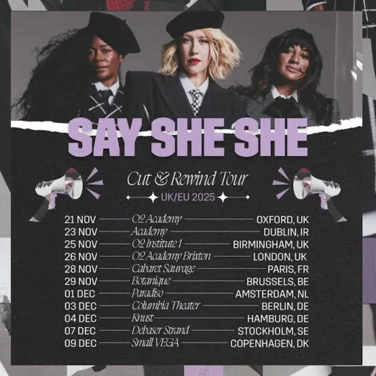 Say She She's tour poster: the trio in berets and dark tailoring above a list of the Cut & Rewind dates, with Oxford first on 21 November.