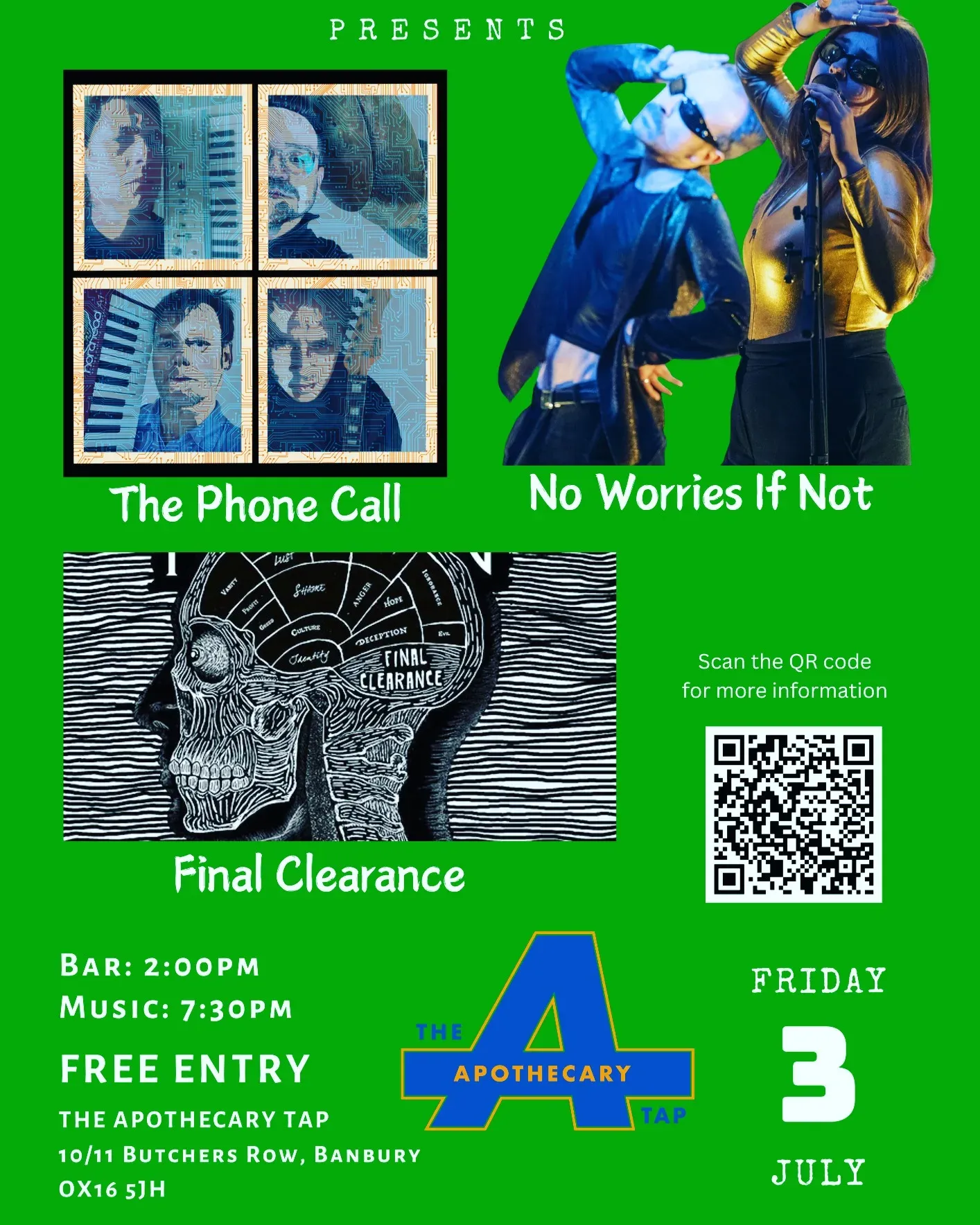A bright green poster carrying a photograph of each act, the band's own showing the pair mid-routine in sunglasses and a gold top under blue stage light, with a QR code and the venue's blue "A" logo below.