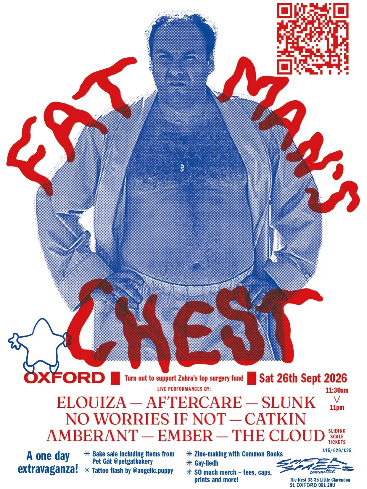 A blue halftone photograph of a man in an open shirt, hands on his hips, with "Fat Man's Chest" in wobbly red hand-lettering arched around him. The date, the bill and a QR code for tickets are set in red type at the edges.
