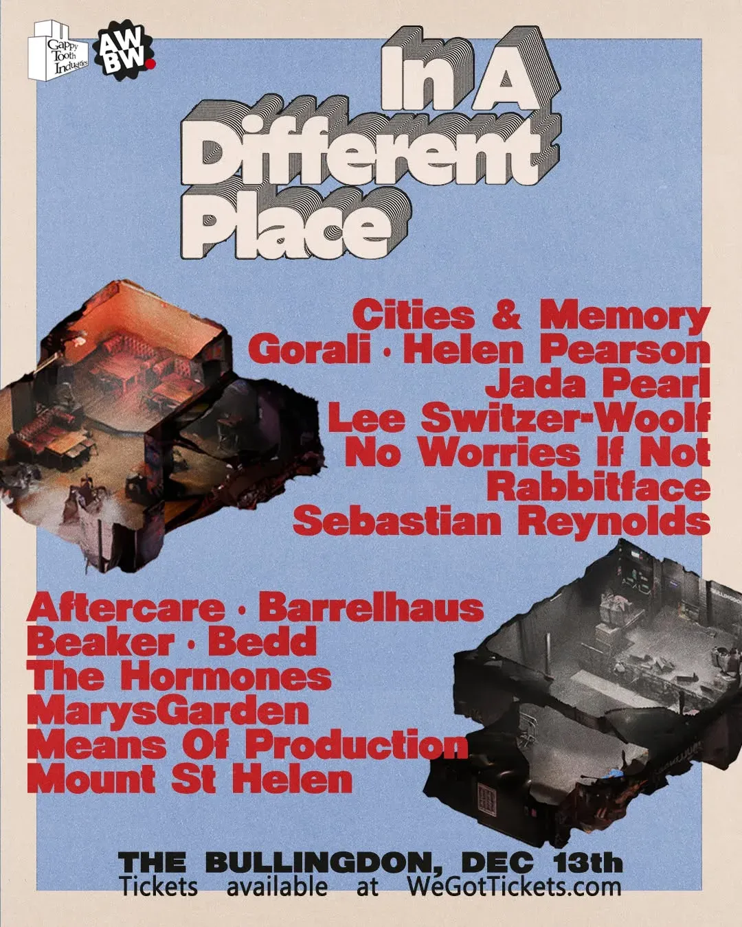 "In A Different Place" in cream, outlined 3D lettering on a pale blue background. Two cutaway isometric models of the venue's rooms sit beside two lists of red bold names, one for each room, with the date and venue along the bottom.